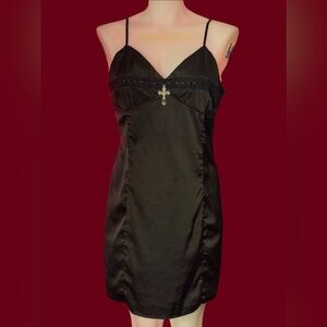Dolls Kill Current Mood Black Satin Slip Dress with Crucifix Detail